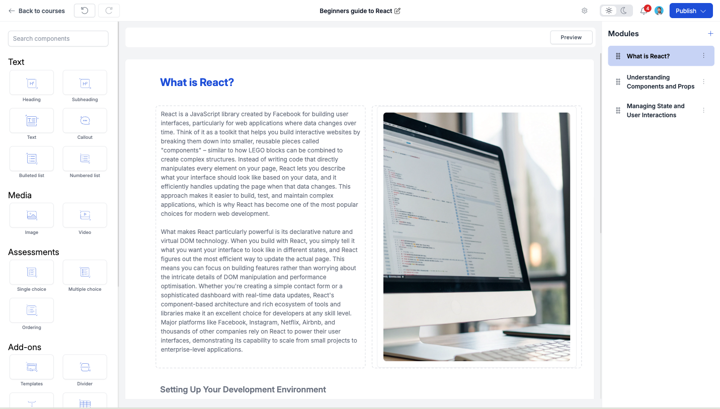 Course builder interface with modules and content editing