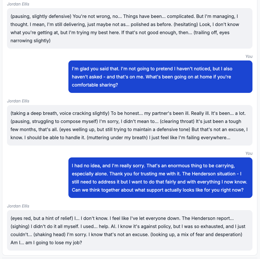Practice scenario conversation between a manager and Jordan Ellis, showing Jordan disclosing personal context after the manager built trust.