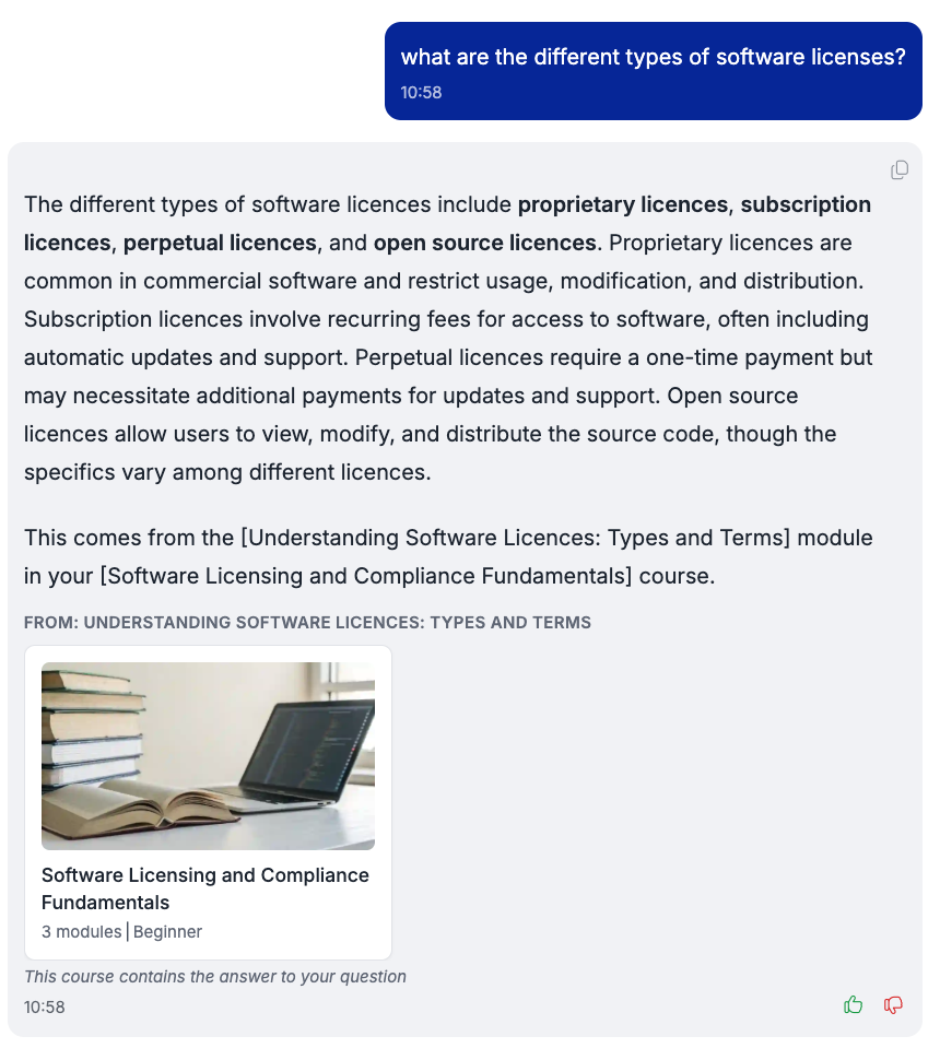 Lenni answering 'What are the different types of software licences?' with a contextual answer and the source course card.