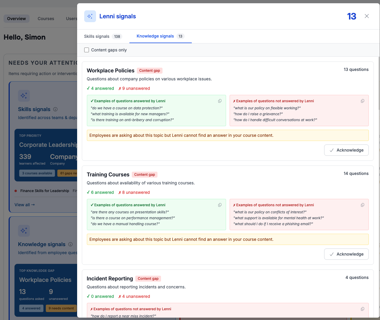 Lenni Signals dashboard showing knowledge signals across topics including Workplace Policies, Training Courses and Incident Reporting, with answered and unanswered question counts.