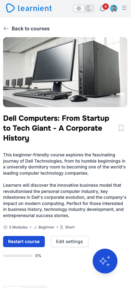Learnient mobile app interface showing training courses and progress tracking